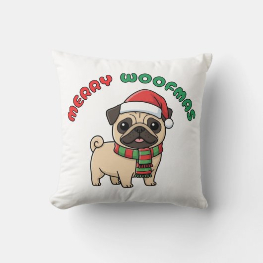 Christmas Pug Pillow: Merry Woofmas クッション (正面)