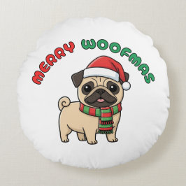 Christmas Pug Round Pillow: Merry Woofmas ラウンドクッション