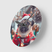 Christmas Pug Wall Clock with Reindeer Antlers - F ラウンド壁時計 (傾斜)