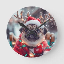 Christmas Pug Wall Clock with Reindeer Antlers - F ラウンド壁時計