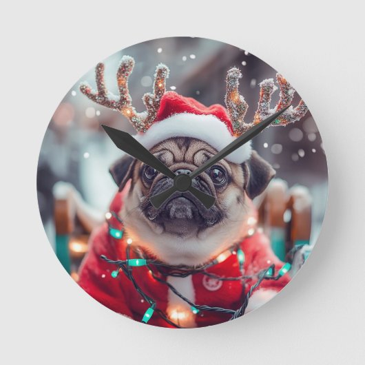 Christmas Pug Wall Clock with Reindeer Antlers - F ラウンド壁時計 (正面)