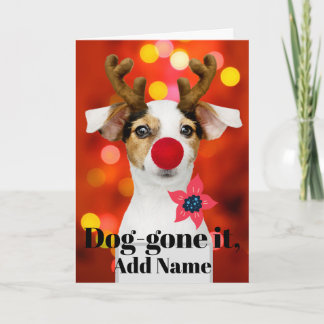 Christmas Pup Antlers Add Name Holiday Card シーズンカード