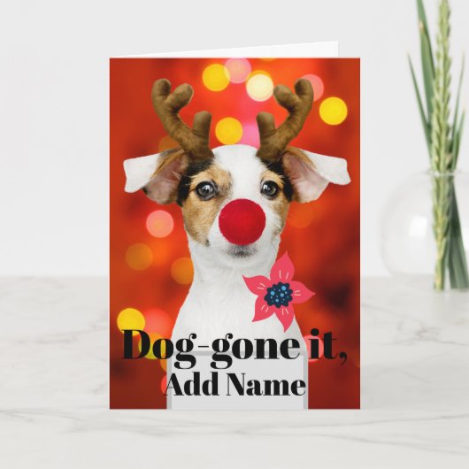 Christmas Pup Antlers Add Name Holiday Card シーズンカード (正面)