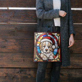 Christmas Puppy Faux Stained Glass トートバッグ