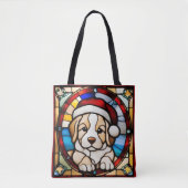 Christmas Puppy Faux Stained Glass トートバッグ (正面)