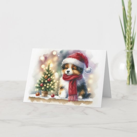 Christmas Puppy with Santa Hat and Red Scarf Blank カード (正面)
