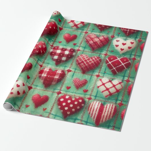 Christmas Quilted Hearts Green Red White  ラッピングペーパー (アンロールド)