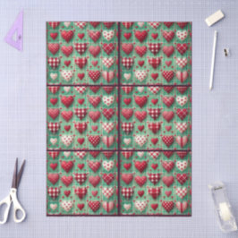 Christmas Quilted Hearts Green Red White Decoupage 薄葉紙
