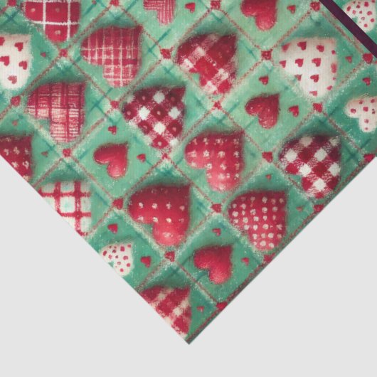Christmas Quilted Hearts Green Red White Decoupage 薄葉紙 (詳細)