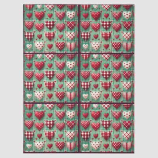 Christmas Quilted Hearts Green Red White Decoupage 薄葉紙 (正面)