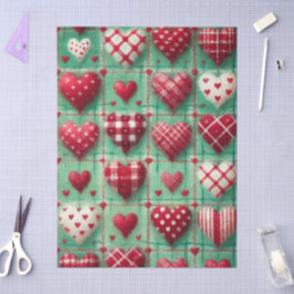 Christmas Quilted Hearts Green Red White Decoupage 薄葉紙