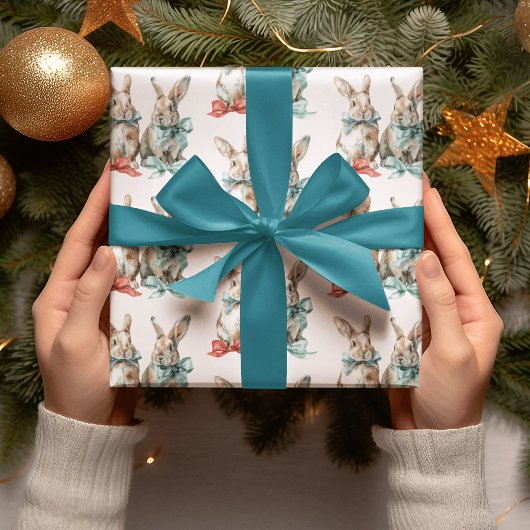 Christmas Rabbits with Bows Wrapping Paper ラッピングペーパー