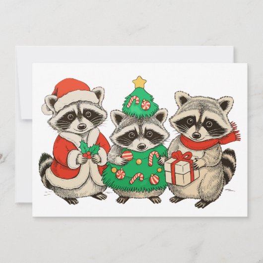 Christmas Raccoon Santa Hat Tree Xmas Lights シーズンカード (正面)