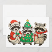 Christmas Raccoon Santa Hat Tree Xmas Lights シーズンカード (正面/裏面)