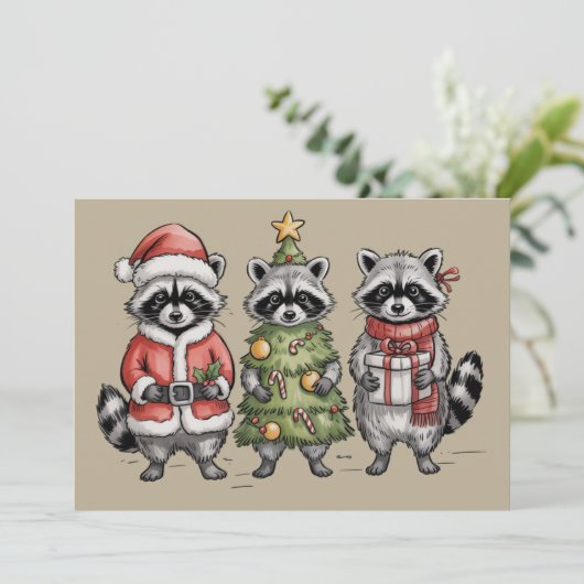 Christmas Raccoons Woodland Trio Santa Tree Animal シーズンカード (スタンド正面)