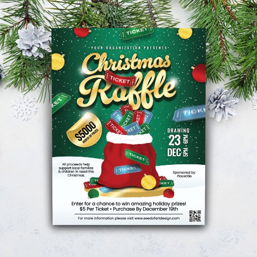 Christmas Raffle Green & Gold Holiday Ticket Sack  チラシ