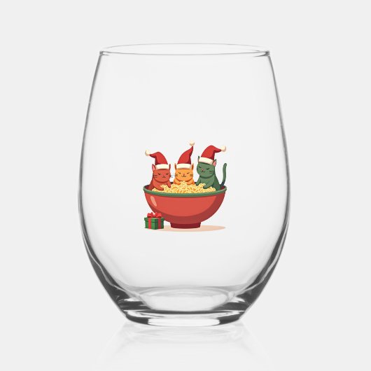 Christmas Ramen Cat Santa Anime Meow Kitty Meow Ca ステムなしワイングラス (正面)