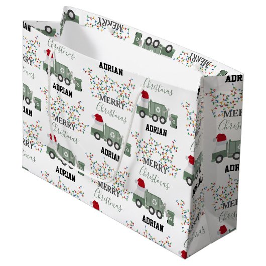 Christmas Recycling Garbage Truck Custom Name  ラージペーパーバッグ (正面アングル)
