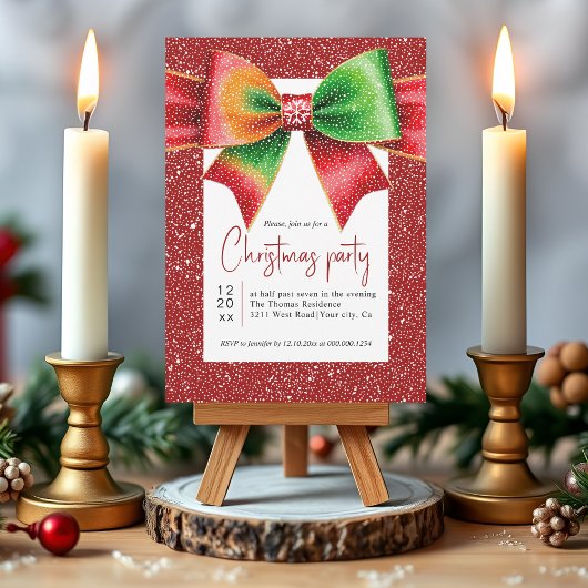Christmas red and green bow and snowflakes party 招待状
