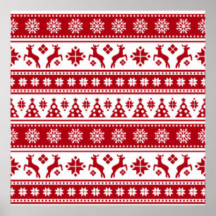 Christmas Red and White Deer and Trees Pattern ポスター