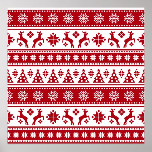 Christmas Red and White Deer and Trees Pattern ポスター (正面)