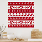 Christmas Red and White Deer and Trees Pattern ポスター (キッチン)