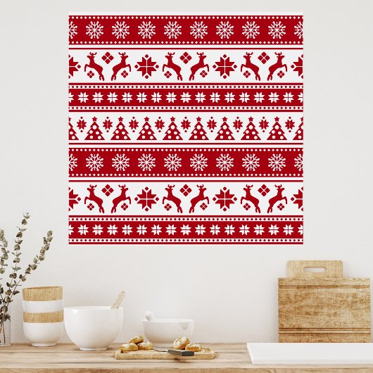 Christmas Red and White Deer and Trees Pattern ポスター (キッチン)