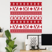 Christmas Red and White Deer and Trees Pattern ポスター (ホームオフィス)