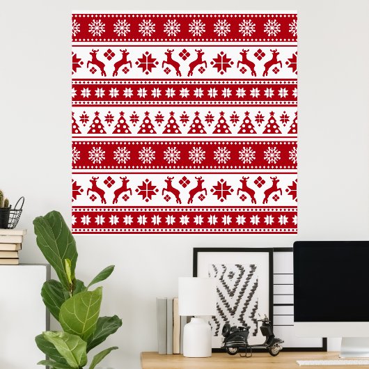 Christmas Red and White Deer and Trees Pattern ポスター (ホームオフィス)