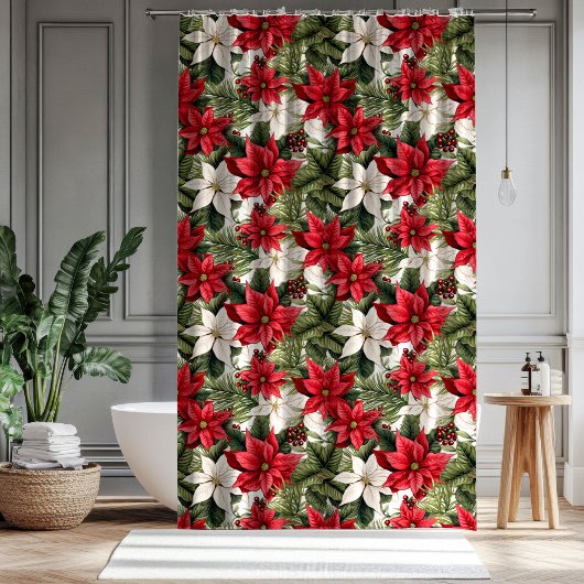 Christmas red and white poinsettia flowers Holiday シャワーカーテン