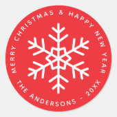 Christmas Red and White Snowflake Winter Holidays ラウンドシール (正面)