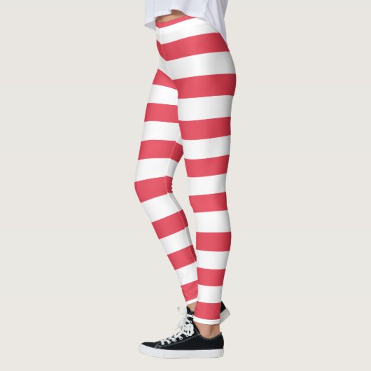Christmas Red and White Wide Stripe Leggings レギンス (左)