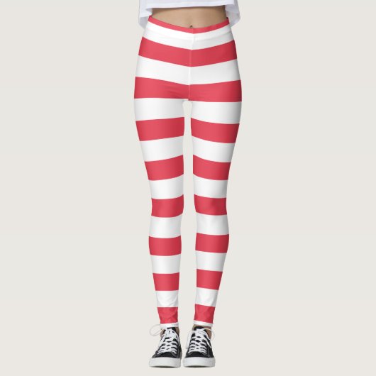 Christmas Red and White Wide Stripe Leggings レギンス (正面)