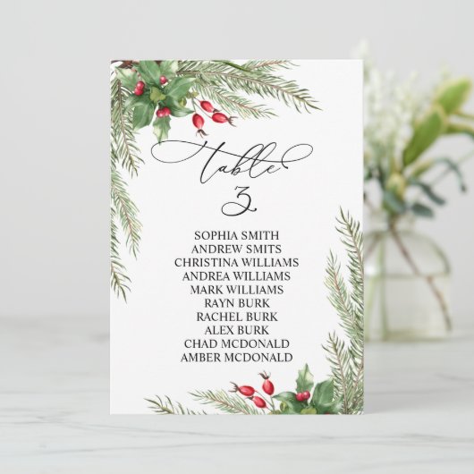 Christmas Red Berries Table Number 3 Seating Chart 招待状 (スタンド正面)