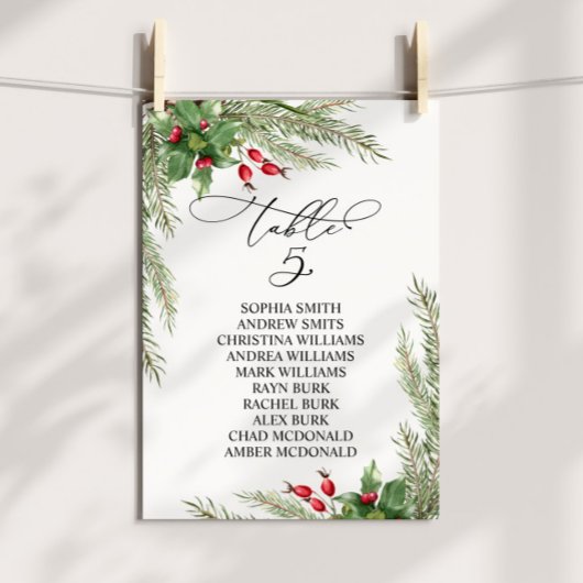Christmas Red Berries Table Number 5 Seating Chart 招待状