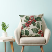 Christmas Red Berry Holly On Faux Linen クッション (椅子)