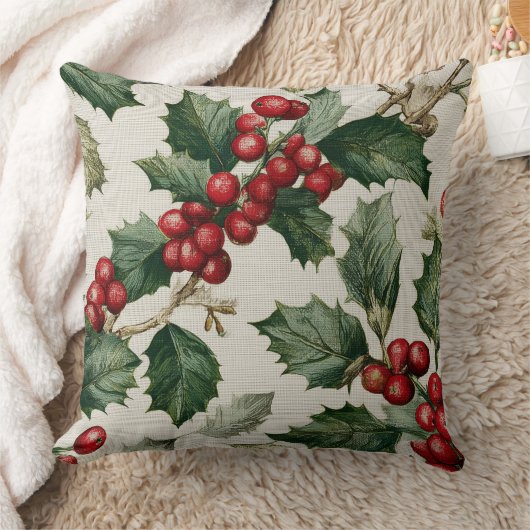 Christmas Red Berry Holly On Faux Linen クッション (ブランケット)