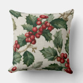 Christmas Red Berry Holly On Faux Linen クッション (正面)