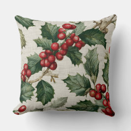 Christmas Red Berry Holly On Faux Linen クッション