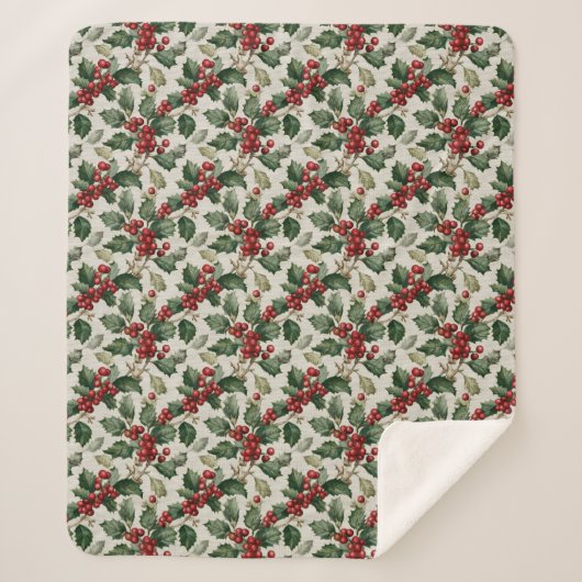 Christmas Red Berry Holly On Faux Linen シェルパブランケット (正面)