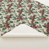 Christmas Red Berry Holly On Faux Linen シェルパブランケット (3/4)