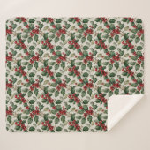 Christmas Red Berry Holly On Faux Linen シェルパブランケット (正面(横))