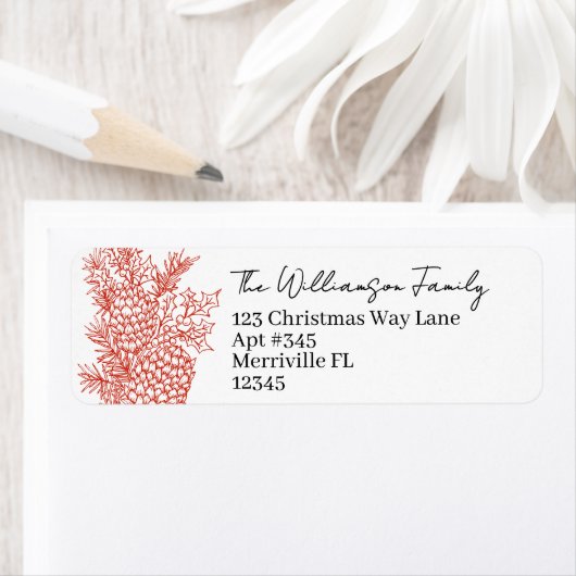 Christmas Red Black Botanical Return Address ラベル (インサイチュ)