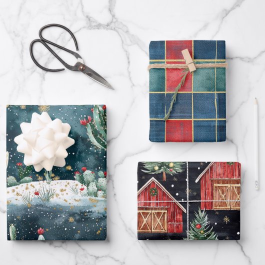 Christmas Red Blue Green Cactus Floral ラッピングペーパーシート (正面)