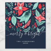 Christmas Red Botanical Floral Blue Holiday ワインラベル (シングルラベル)