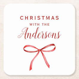 Christmas red bow monogram スクエアペーパーコースター