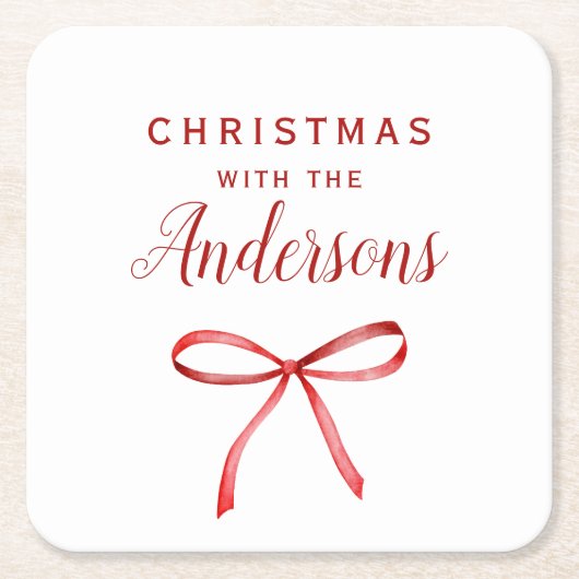 Christmas red bow monogram スクエアペーパーコースター (正面)