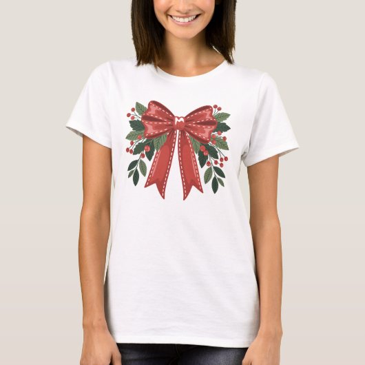 Christmas Red Bow with Holly and Berries Festive Tシャツ (正面)