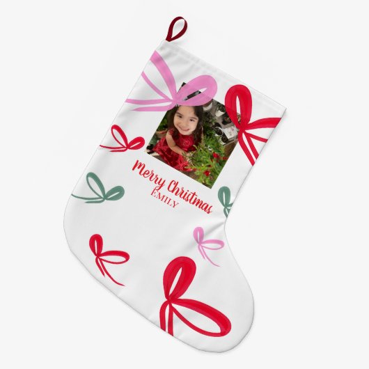 Christmas Red Bows Multicolor Doodle Photo ラージクリスマスストッキング (正面 (吊り時))