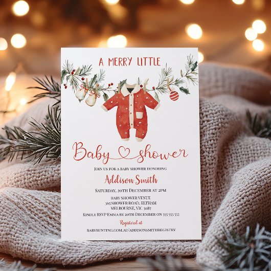 Christmas Red Boys Merry Little Baby Shower  招待状